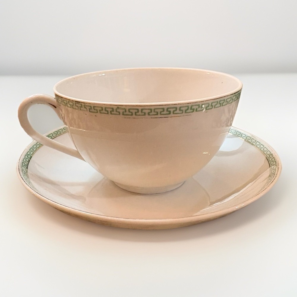 Vintage Porcelain Green Greek Key Tea Cup and Saucer by N & Co. Nagoya Nippon